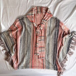 Patina Striped Fringe Poncho Sweater | Boho Western Cozy Shawl Wrap